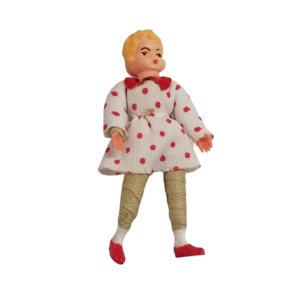 Vintage Dollhouse Doll German Caco Miniature Girl Polka Dot Dress Red White